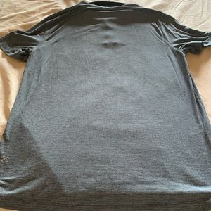 Dark grey polo shirt-blue and grey stripes, the camera didn’t capture the blue